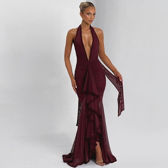 Damen Elegantes Abendkleid mit tiefem V-Ausschnitt und Rüschendetails R&B