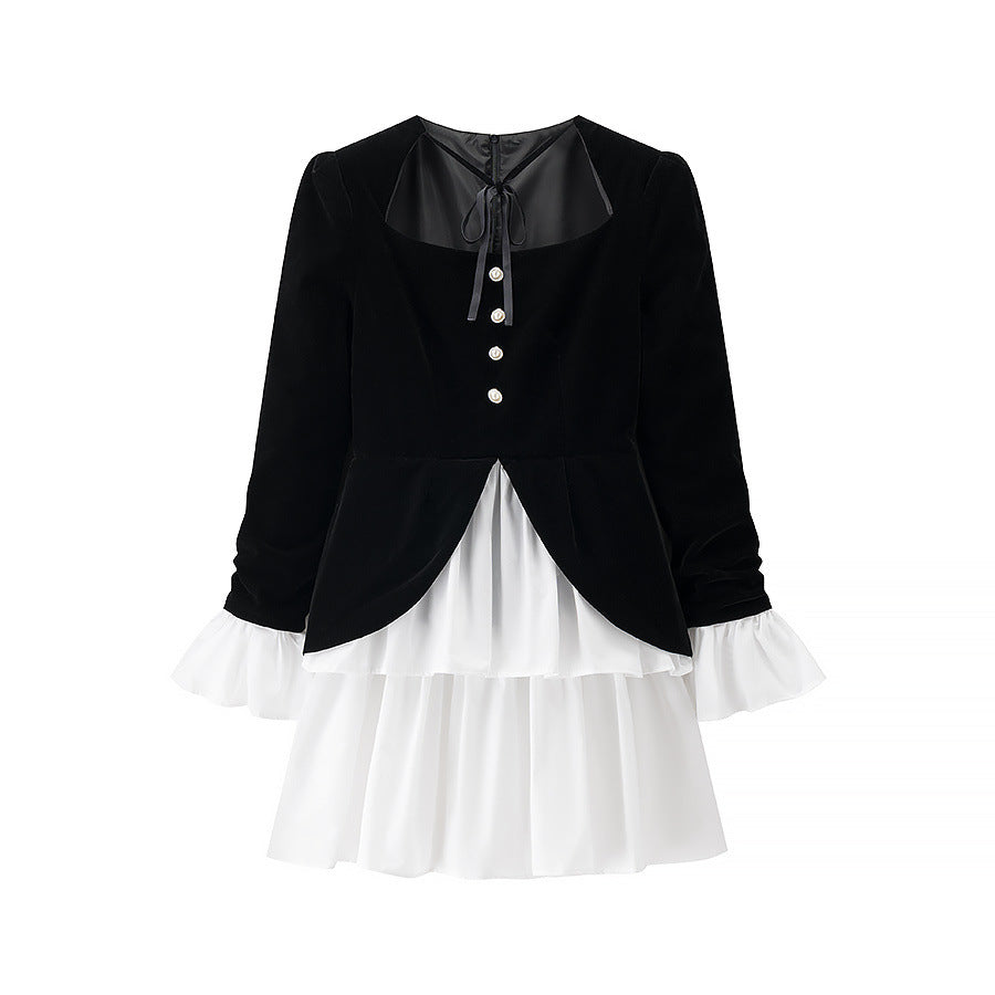 Damen festliches Kleid mit elegantem Schwarz-weiß-Design und Rüschenabschluss R&B