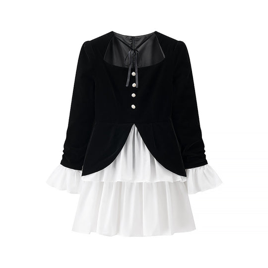 Damen festliches Kleid mit elegantem Schwarz-weiß-Design und Rüschenabschluss R&B