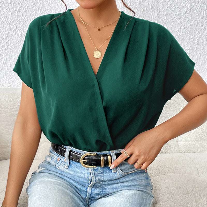 Damen Blusenshirt mit eleganter Wickeloptik und kurzen Ärmeln R&B