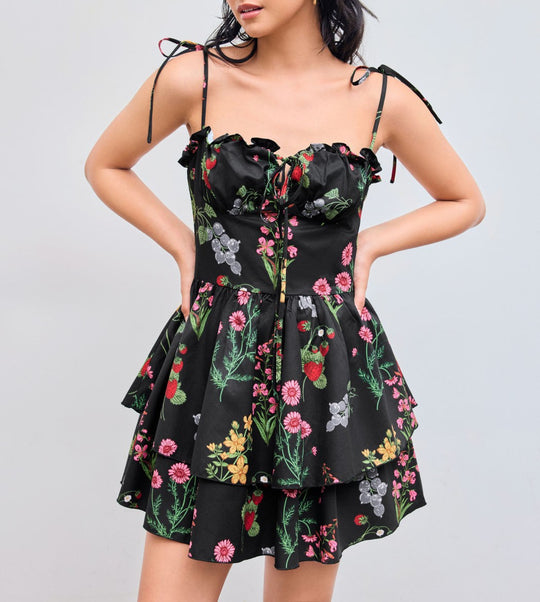 Damen Minikleid mit Blumenmuster und bordeauxfarbenem Unterrock R&B