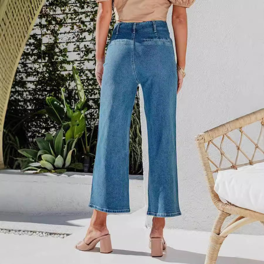 Damen High-Waist Jeans mit Knopfdetail und weitem Bein R&B