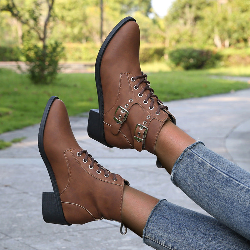 Damen modische Schnürstiefeletten mit praktischen Schnallen und robustem Absatz R&B