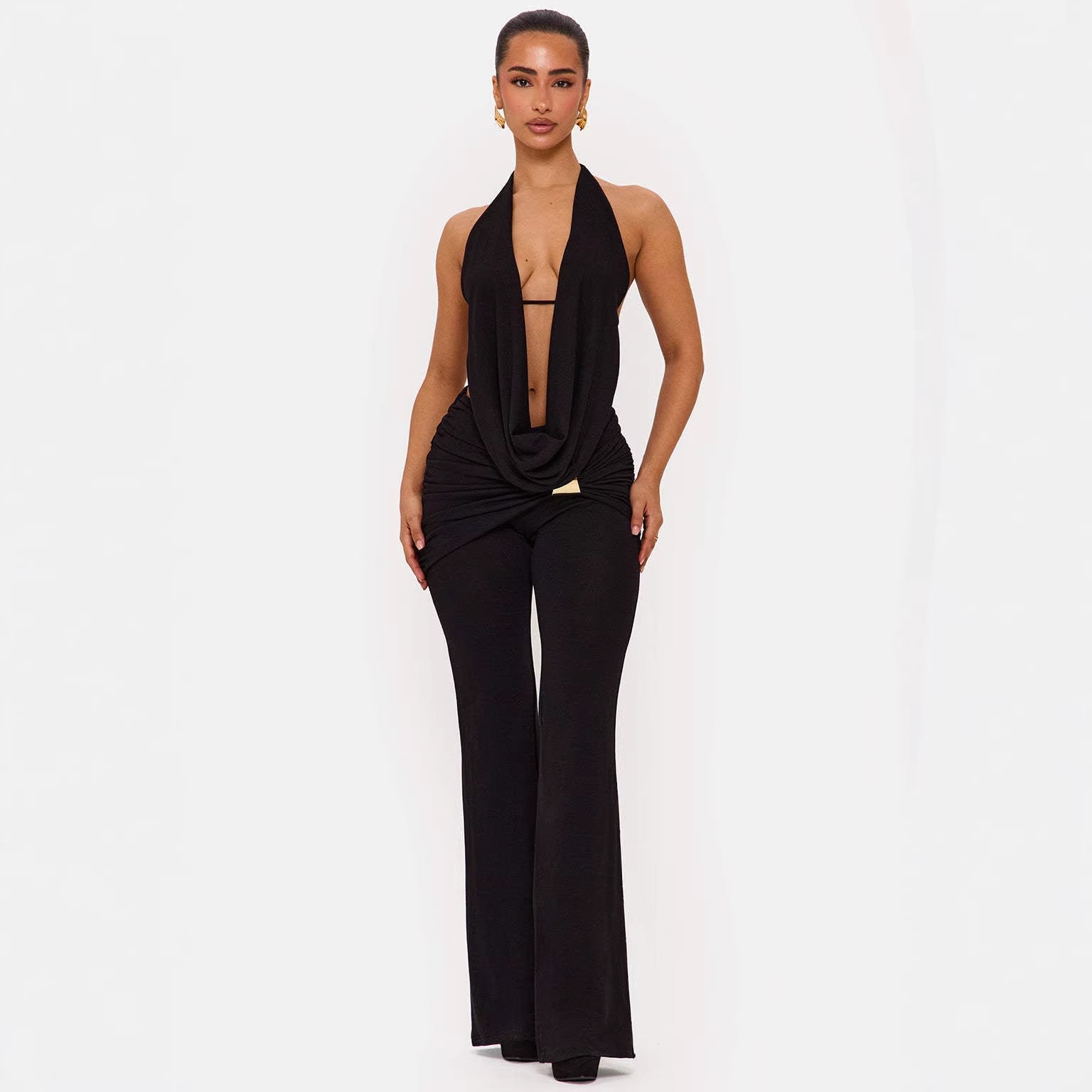 Damen elegantes, figurbetontes Jumpsuit mit tiefem Ausschnitt und weitem Bein R&B