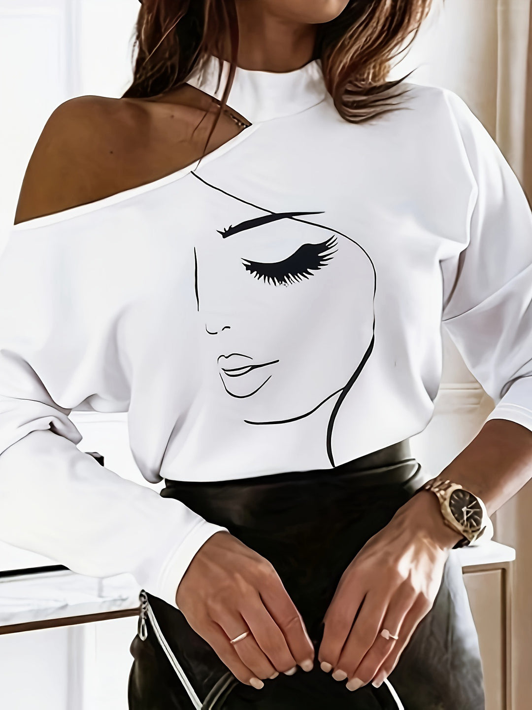 Damen Designer Off-Shoulder Shirt mit stylischem Gesichtsdruck R&B