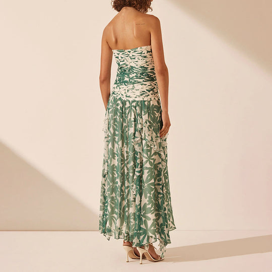 Damen schulterfreies Maxikleid mit Rüschendetails und floralem Muster R&B