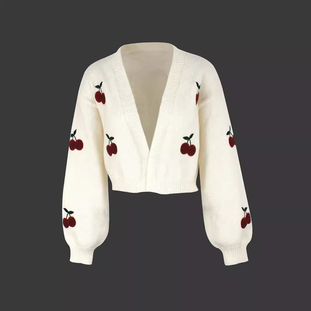 Damen Kurze Strickjacke mit fruchtiger Stickerei R&B