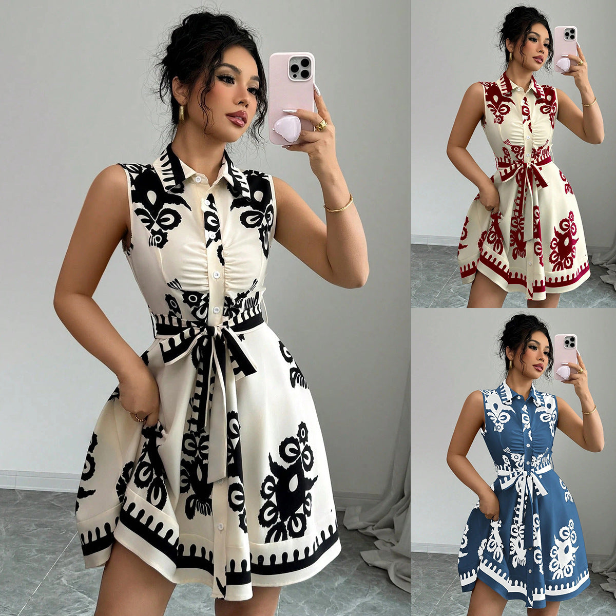 Damen Hemdblusenkleid mit tailliertem Schnitt und dekorativem Bindegürtel R&B