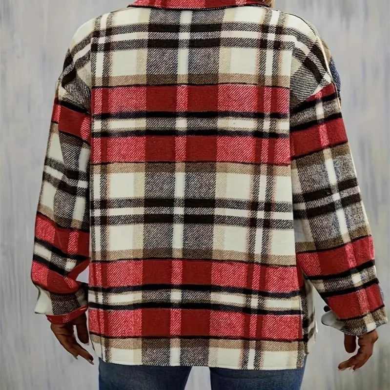 Damen karierte Flanelljacke mit Taschen und geschmackvoller Knopfleiste R&B
