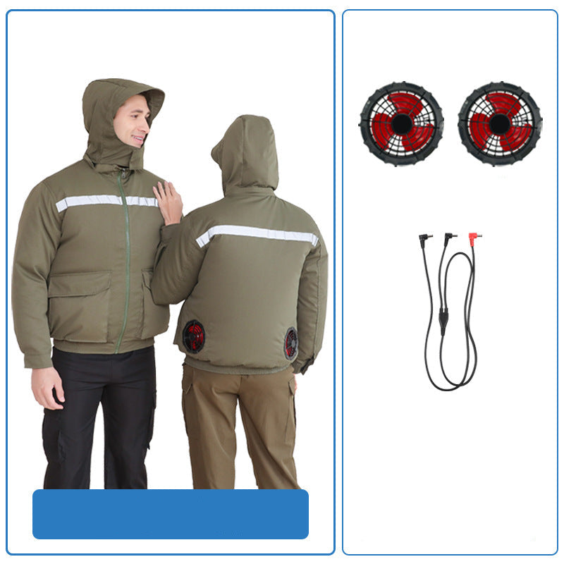 Unisex nan ventilated jacket for work and outdoor with integrated USB fans, battery compartment and hood R&B