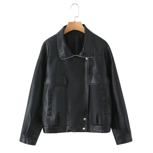 Damen Kunstlederjacke mit lässigem Schnitt und praktischen Taschen R&B