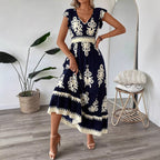 Damen Maxikleid mit eleganter Stickerei und Rüschendetails R&B
