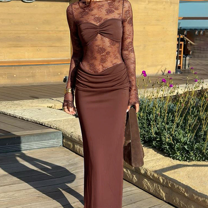Damen Hochwertiges Maxikleid mit transparenten Langarmen R&B