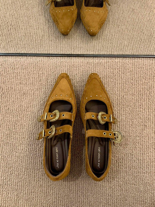 Damen Elegante und stilvolle Ballerinas mit modischen Schnallen und Nieten R&B