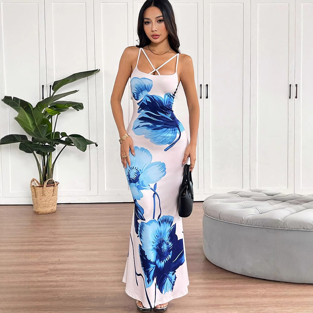 Damen Floral Maxikleid mit zarten Spaghetti-Trägern und figurbetontem Schnitt R&B