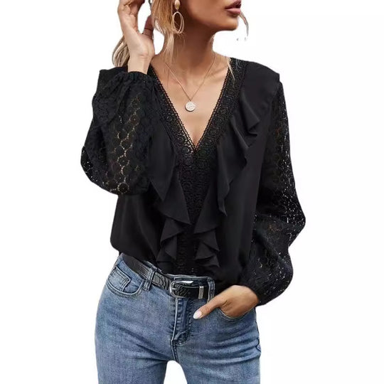 Damen Rüschenbluse mit transparenten Ärmeln und feinen Spitzenakzenten R&B