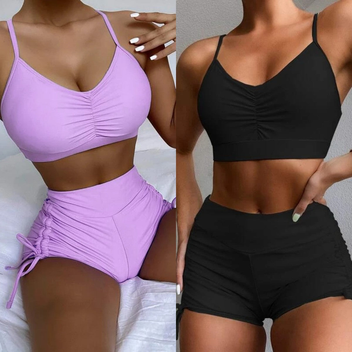 Damen Sportliches Zweiteiler-Bikini-Set mit verstellbaren Trägern und Raffung R&B