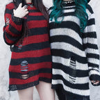 Damen nan Oversized Grobstrickpullover mit breiten Blockstreifen und aufgerissenem Design R&B