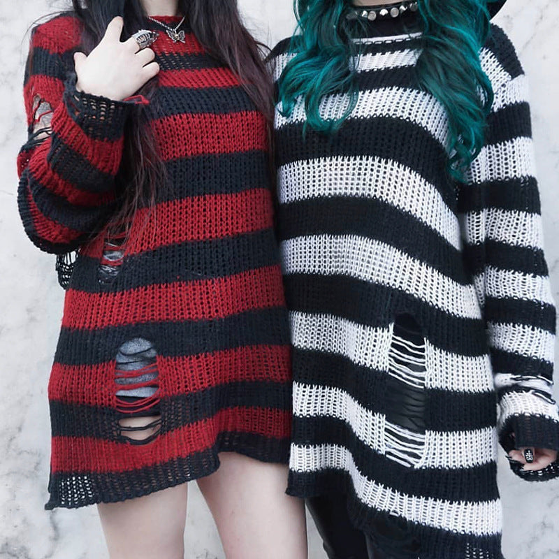 Damen nan Oversized Grobstrickpullover mit breiten Blockstreifen und aufgerissenem Design R&B