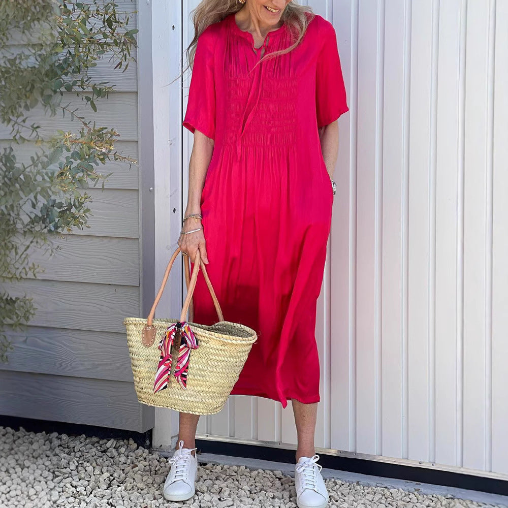 Damen nan lässiges Midikleid mit geraffter Brustpasse, filigratem Schlupfkragen, Bindeband und Seitentaschen R&B