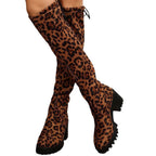 Damen Überknee-Stiefel mit modischem Leopardenmuster und robustem Blockabsatz R&B