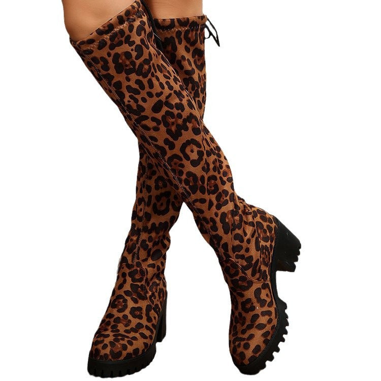 Damen Überknee-Stiefel mit modischem Leopardenmuster und robustem Blockabsatz R&B