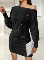 Damen Glamouröses Minikleid mit asymmetrischem Schulterdesign und Funkeleffekten R&B
