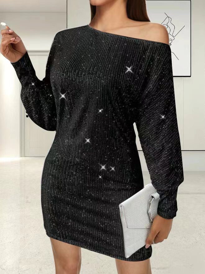 Damen Glamouröses Minikleid mit asymmetrischem Schulterdesign und Funkeleffekten R&B