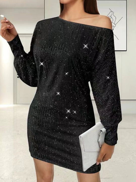 Damen Glamouröses Minikleid mit asymmetrischem Schulterdesign und Funkeleffekten R&B