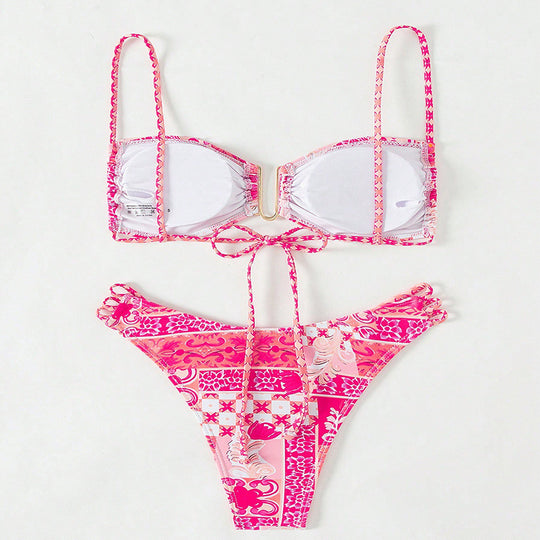 Damen Bandeau-Bikini mit raffinierten Rüschendetails und elegantem Muster R&B