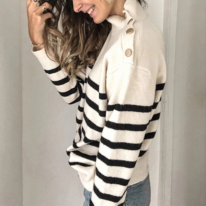 Damen Strickpullover mit hochgeschlossenem Kragen und Streifenmuster R&B