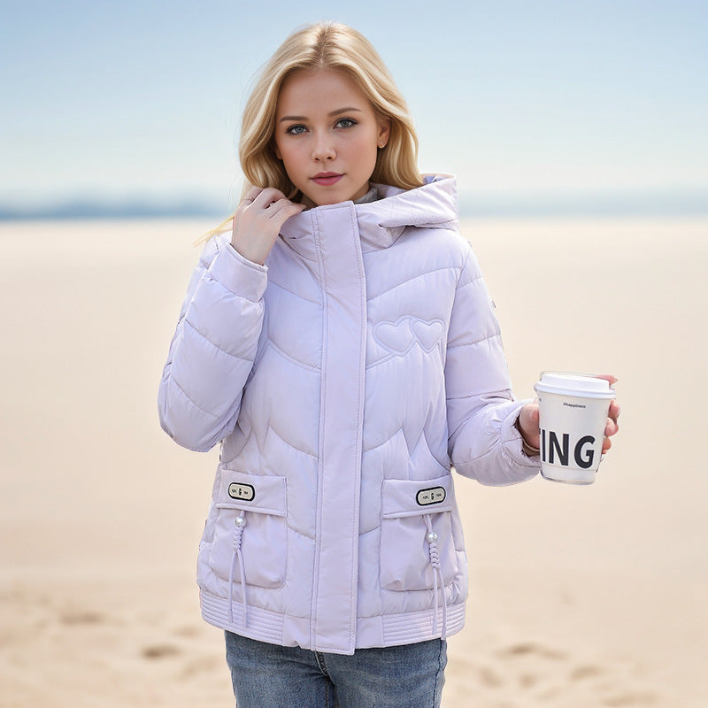 Damen gesteppte Winterjacke mit verstellbarem Kapuzenkragen und funktionalen Seitentaschen