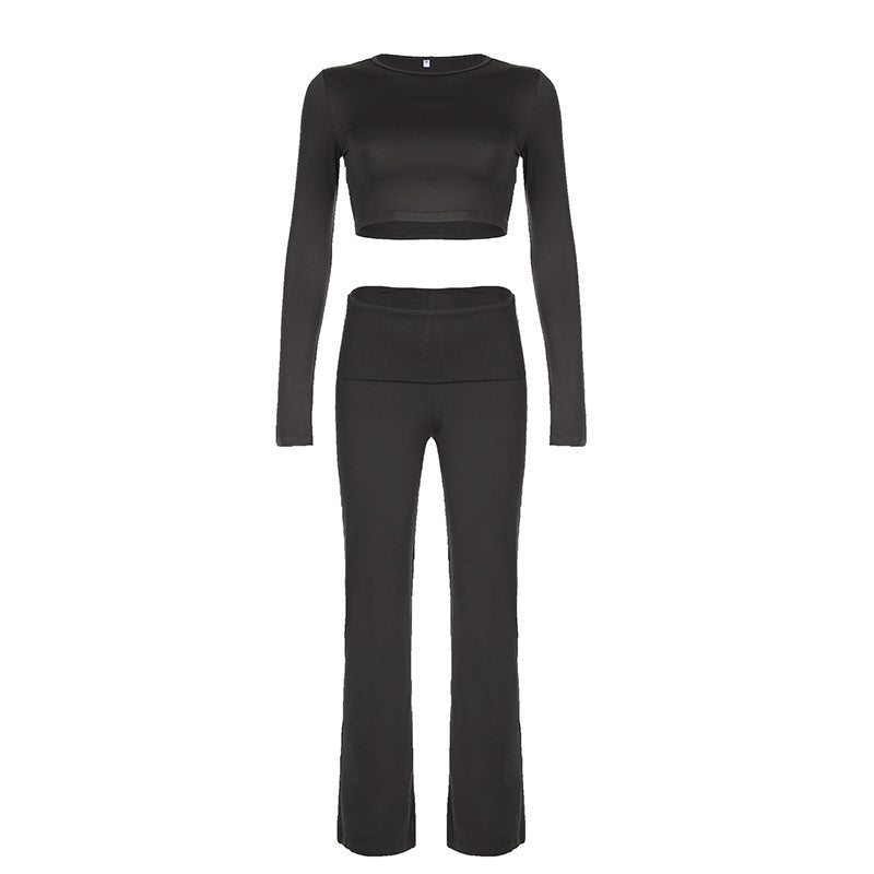Damen Sportliches Langarm-Crop-Top und figurbetonte Flared-Hose Set R&B