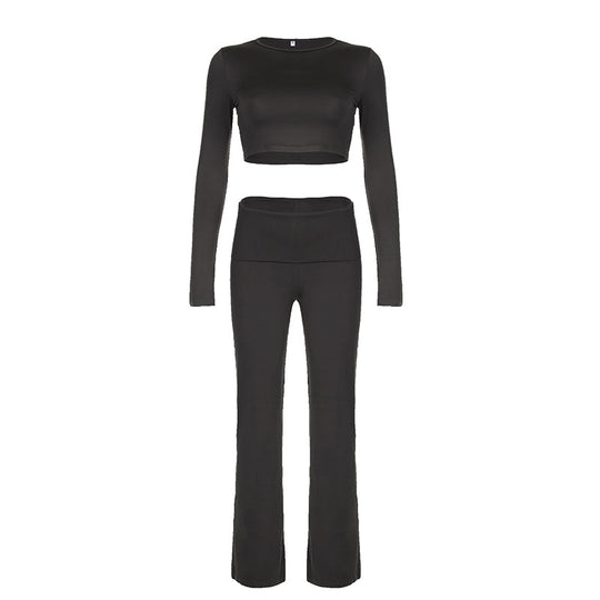 Damen Sportliches Langarm-Crop-Top und figurbetonte Flared-Hose Set R&B