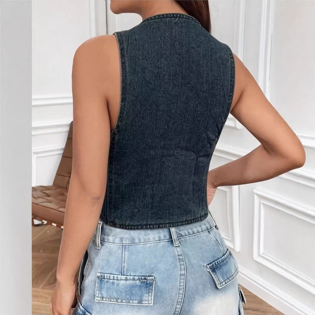 Damen ärmellose Denim-Weste mit aufgesetzten Taschen und tiefem V-Ausschnitt R&B