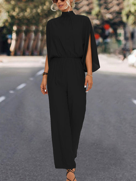 Damen Eleganter Jumpsuit mit fließendem Cape-Design und hochgeschlossenem Ausschnitt R&B