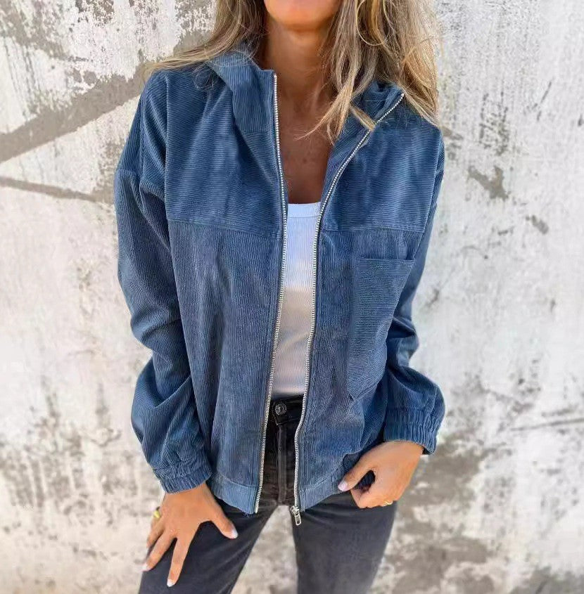 Damen lässige Cordjacke mit praktischen Taschen und elegantem Reißverschluss R&B