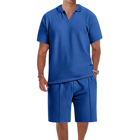 Herren lässiges Kurzarm-Polohemd und Shorts-Set aus atmungsaktivem Stoff R&B
