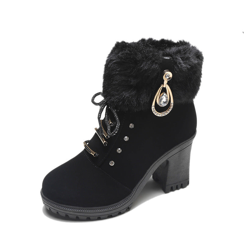 Damen Kunstfellgefütterte Stiefeletten mit eleganten Schnallen und robustem Blockabsatz R&B