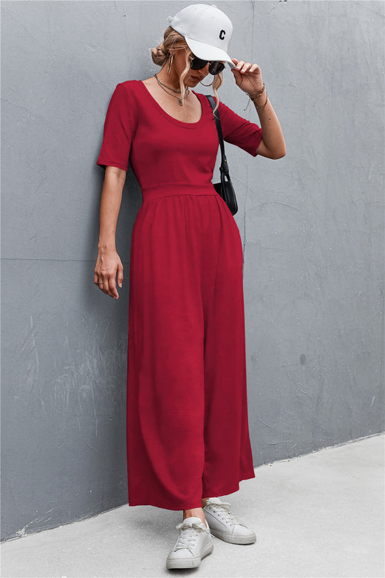 Damen Jumpsuit mit weitem Bein und elegantem Rundhalsausschnitt R&B