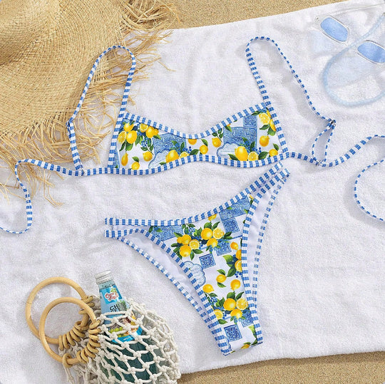 Damen Triangel-Bikini mit floralem Design und Bindedetails R&B
