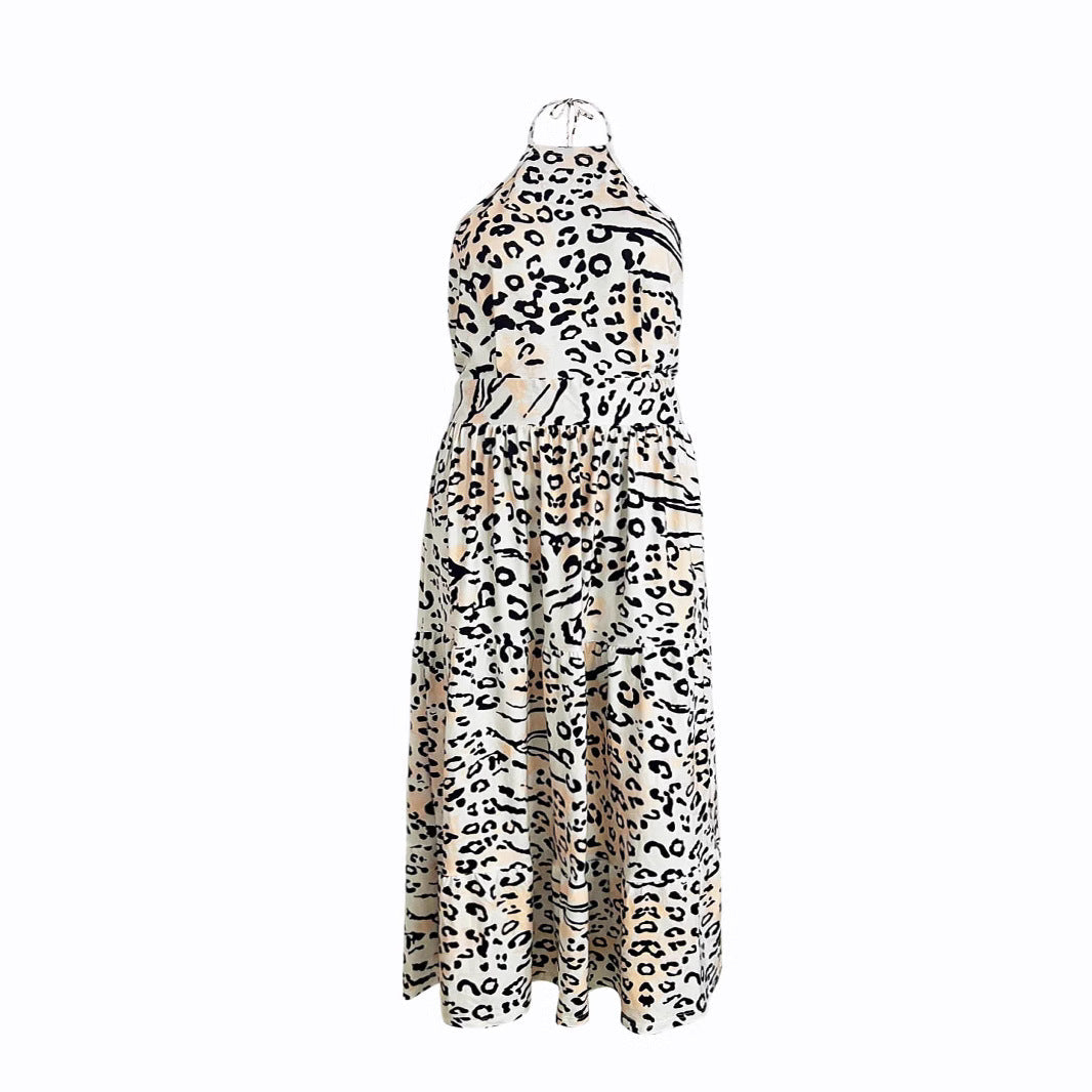 Damen Maxikleid im modernen Animal-Print mit tiefem V-Ausschnitt und fließendem Saum R&B