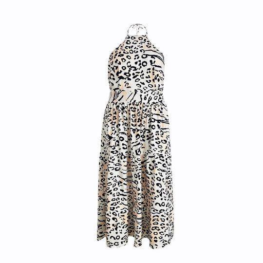 Damen Maxikleid im modernen Animal-Print mit tiefem V-Ausschnitt und fließendem Saum R&B