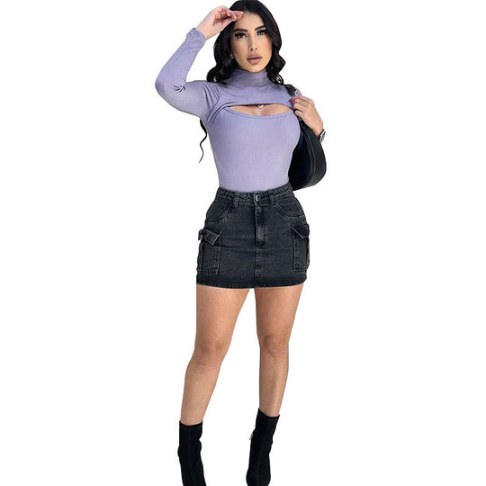 Damen Trendy Langarmoberteil mit Stehkragen und Cut-Out-Details R&B