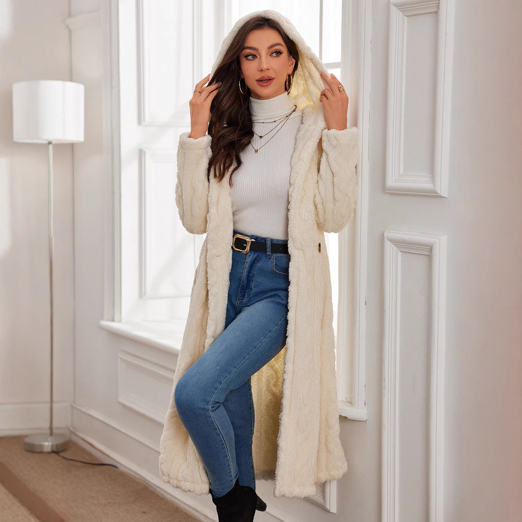 Damen Langer Plüsch-Mantel mit Kapuze R&B