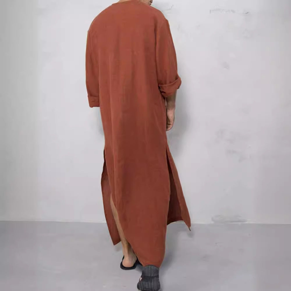 Herren nan weites langes Tunika-Kaftan aus atmungsaktivem Leinen mit Stehkragen Knopfblende und aufgesetzten Taschen R&B