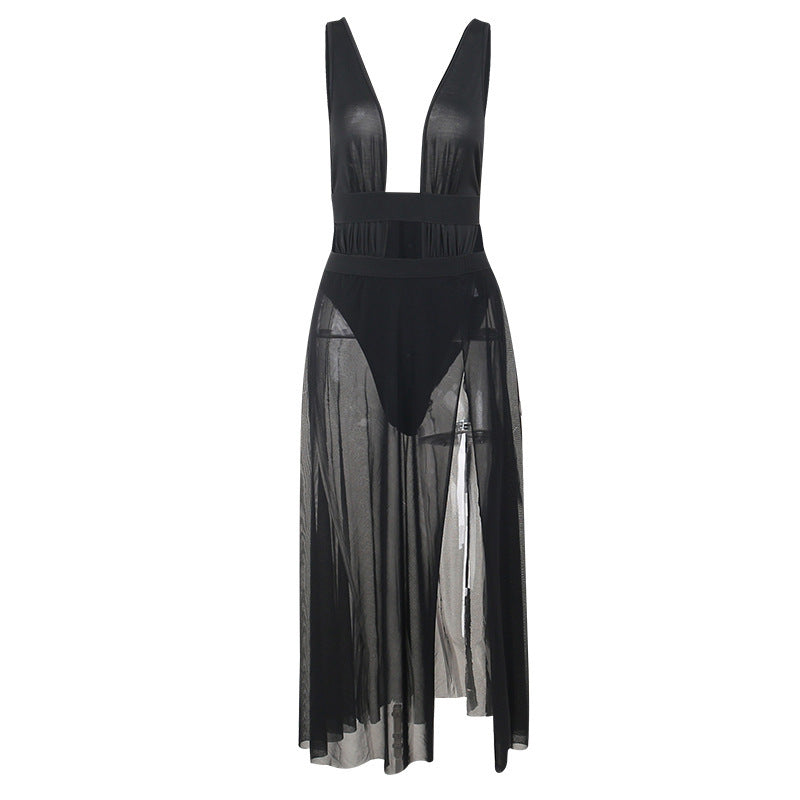 Damen Strandkleid mit tiefem V-Ausschnitt und durchscheinendem Rock R&B
