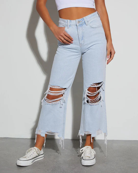 Damen Distressed Jeans mit weitem Bein und fransigem Saum R&B