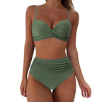 Damen Hochtailliertes Bikini-Set mit floralem Oberteil und gerafftem Höschen R&B