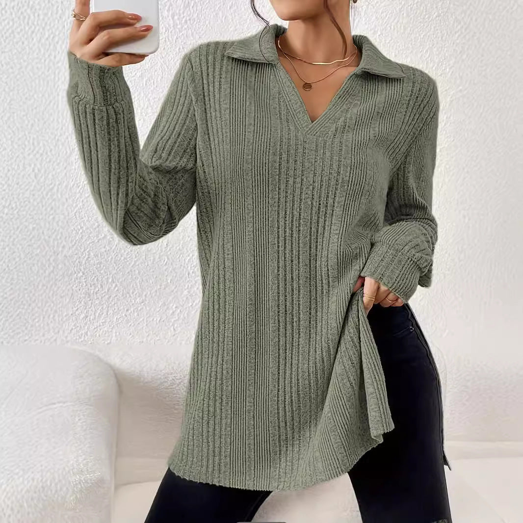 Damen Langarm Shirt mit strukturiertem V-Ausschnitt und schmalen Rippdetails R&B